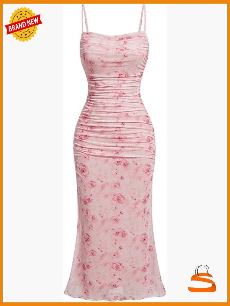 Floral Ruched Bodycon Midi Dress Summer Weddin Guest Cocktail Tea Party Beach